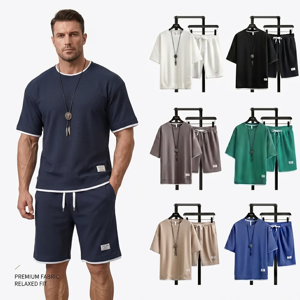 Street Fashion Mood - 夏のメンズワッフルニットトラックスーツ、オーバーサイズ半袖Tシャツとショートパンツのセット、カジュアルな2ピーススーツ、ストリートウェア、スポーツウェア