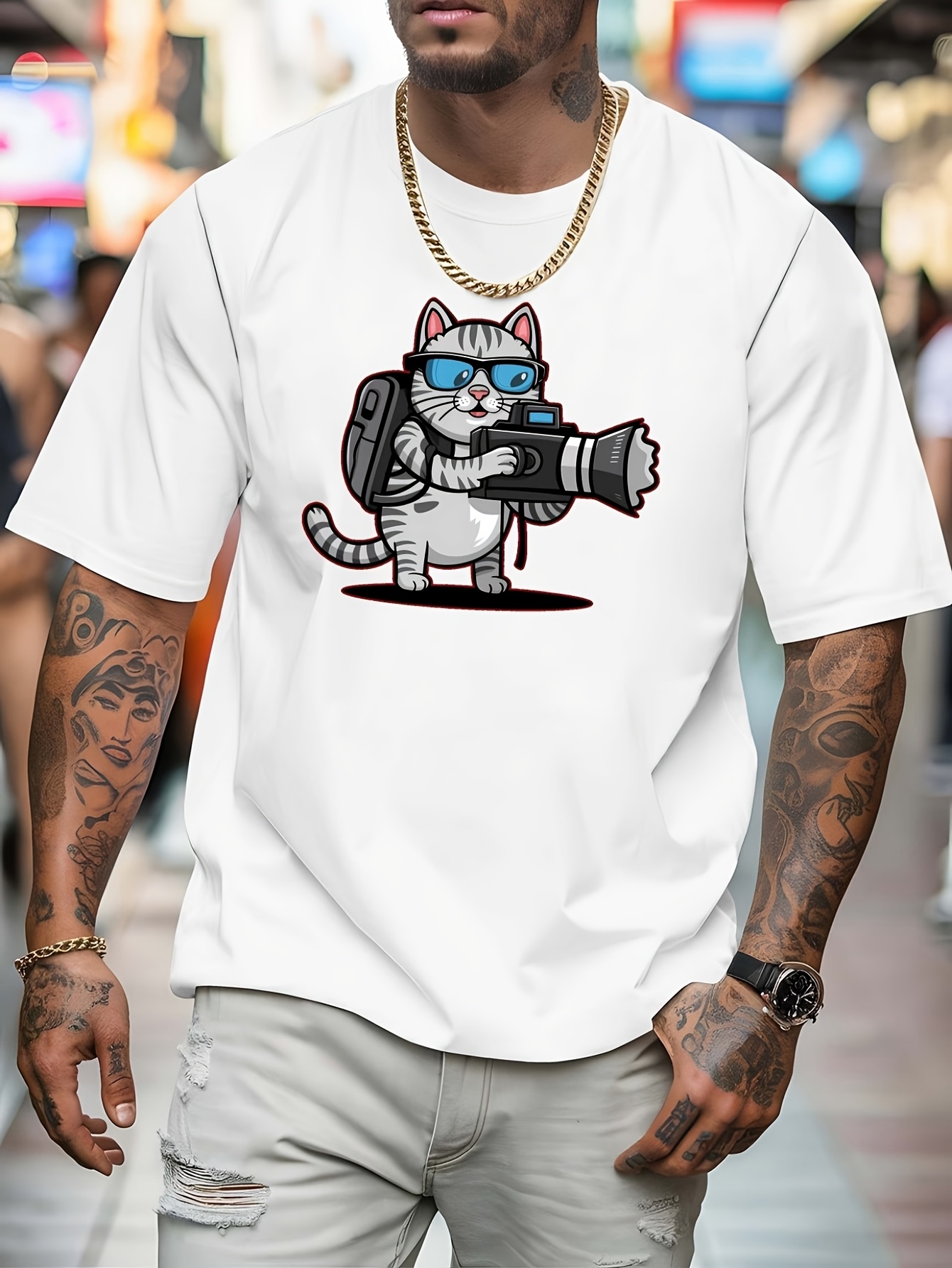 Street Fashion Photographers - ホワイトメンズ Tシャツ写真家猫漫画プリントクルーネックコットン半袖ファッション男性ストリート夏ソフトデイリーカジュアルウェア