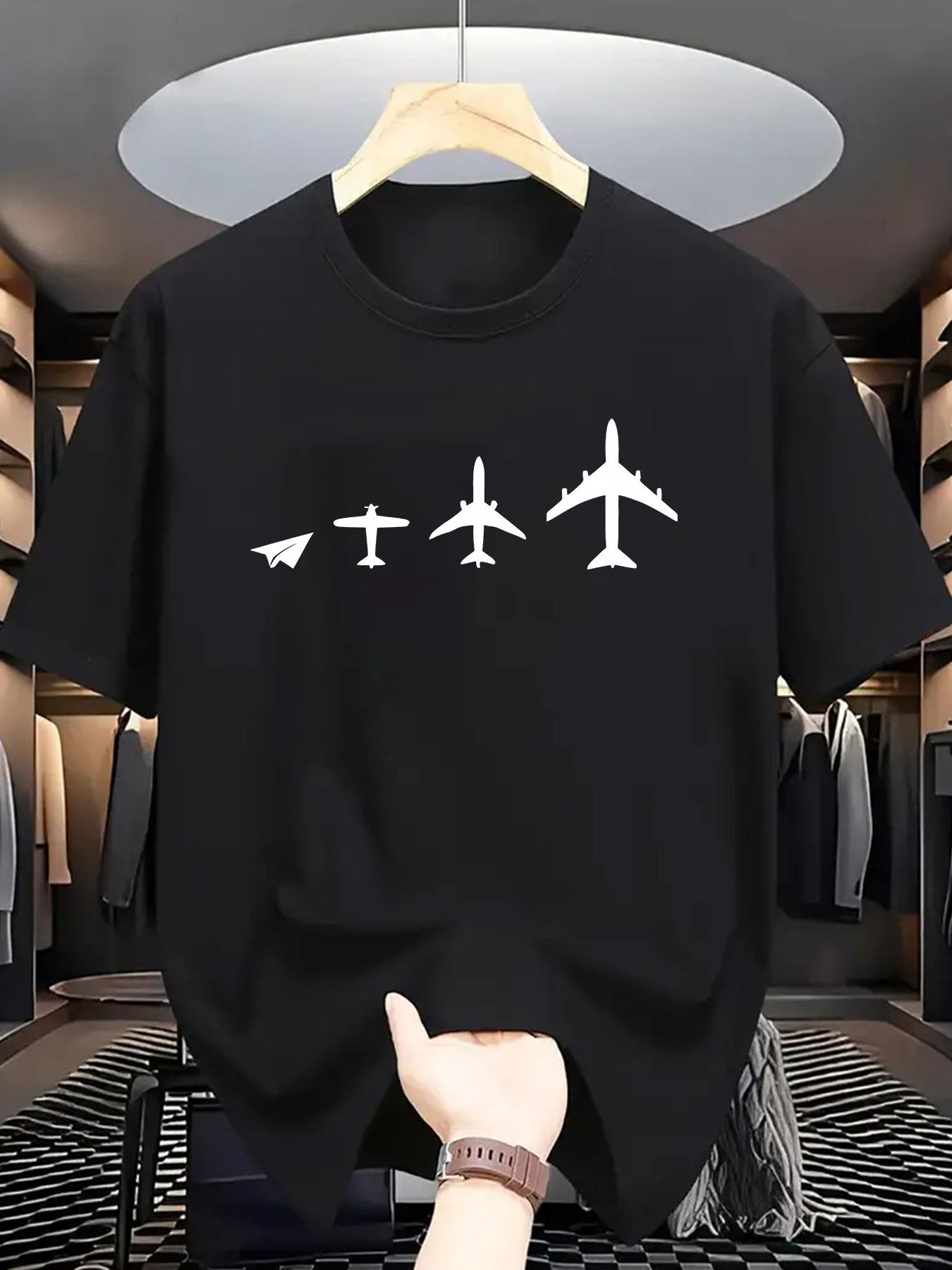 Street Fashion Evolution - 飛行機進化プリント男性半袖 Tシャツ紙飛行機航空機シルエット O ネック Tシャツ航空テーマ男性ストリートファッショントップス