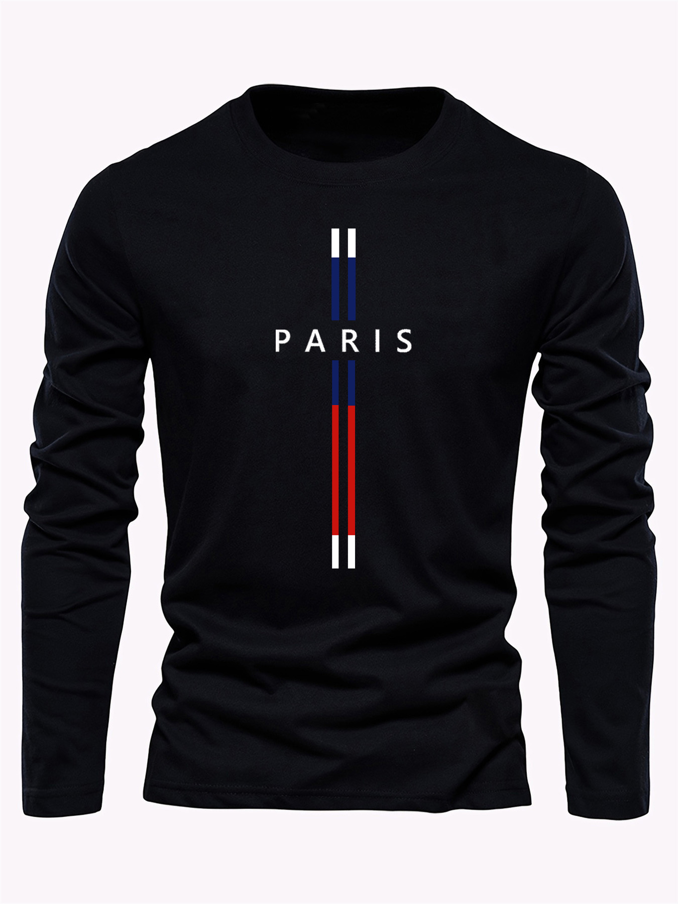 Street Fashion In Paris - パリレターグラフィックプリントメンズ100％純綿ゆったり快適スポーツ＆レジャーラウンドネック長袖Tシャツトップス