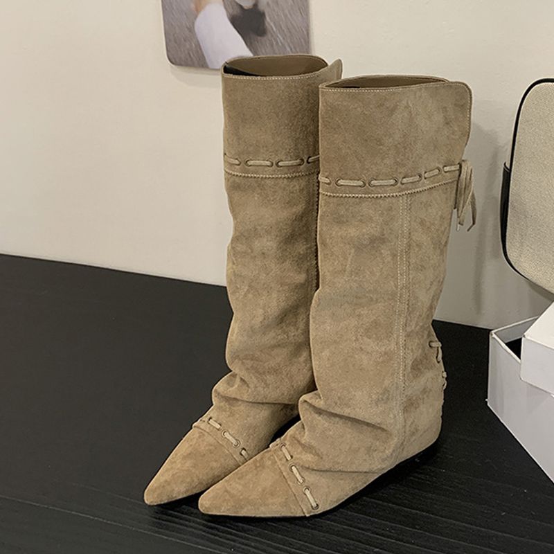 Street Fashion Vintage - Liyke ファッションデザイン巾着レースアップニーハイブーツ女性ヴィンテージポインテッドトゥ内側高さ増加ロング靴 Bota Ş Mujer