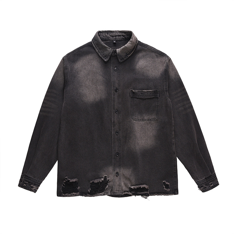 Street Fashion Vintage - メンズハイストリートリップドジーンズジャケットファッションストリートウェアウォッシュドヴィンテージルーズフィットY2Kダメージ加工デニムトラッカーコートアウターウェア