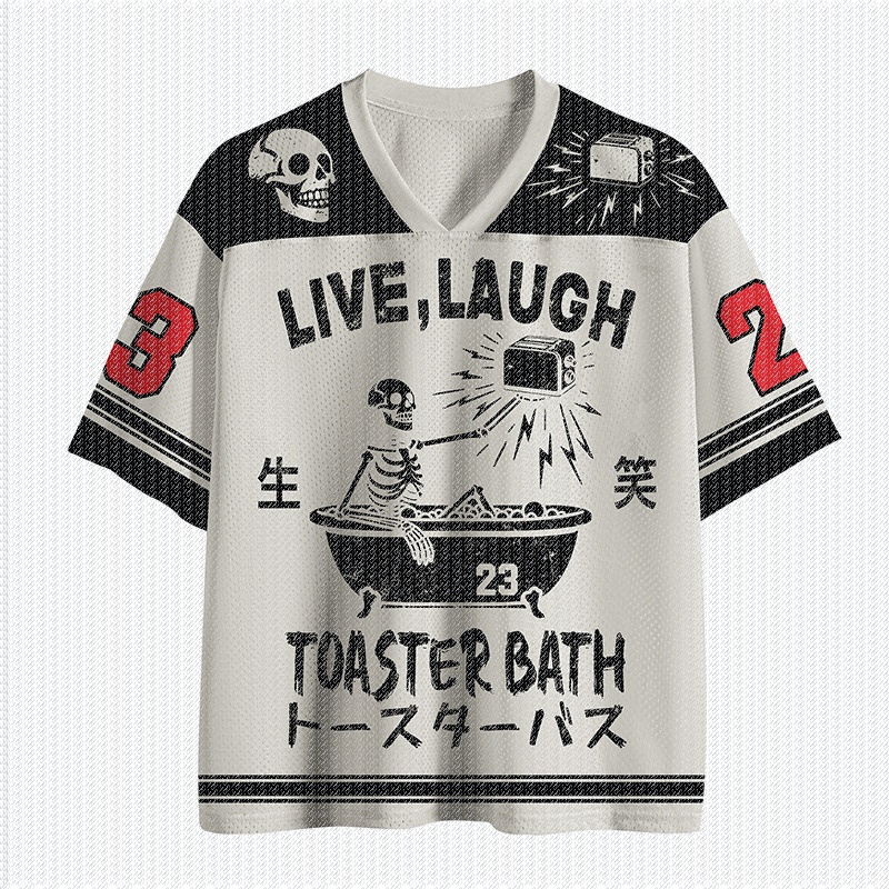 Street Fashion Mood - Vネック白黒カラーブロックメッシュジャージーTシャツスケルトンバスタブトースターグラフィックナンバープリントレトロパンクストリートウェアトップ