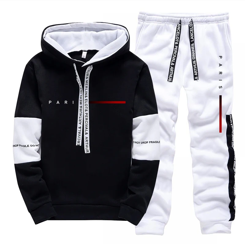 Street Fashion For Man - パリファッションパーカーストリートウェアメンズセットフード付きスウェットシャツスウェットパンツ男性オールシーズンデイリーカジュアルスポーツプルオーバージョガーパンツ