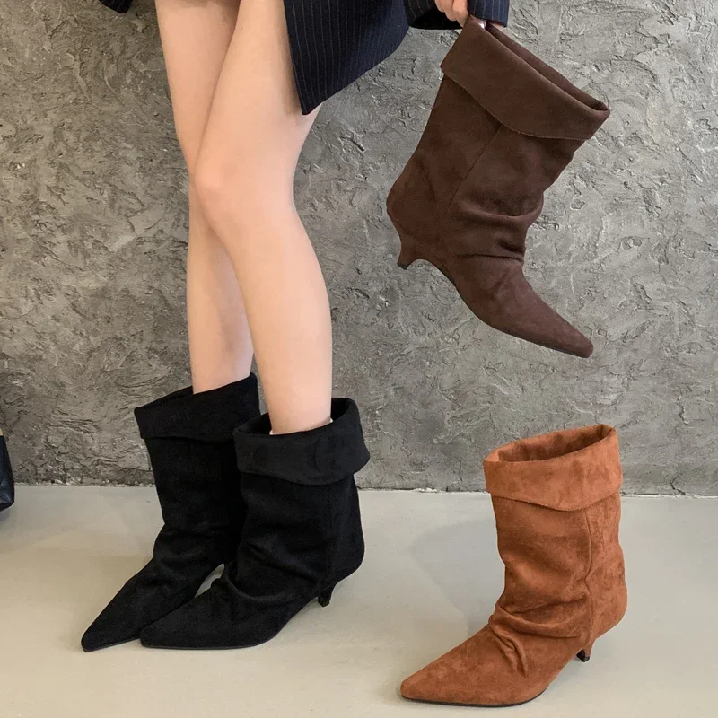 Street Fashion Vintage - Aneikeh 冬ポインテッドトゥ薄型ローヒールヴィンテージアンクルブーツ女性ファッションストリートスタイル靴ショートボタスザパトスデムジェ