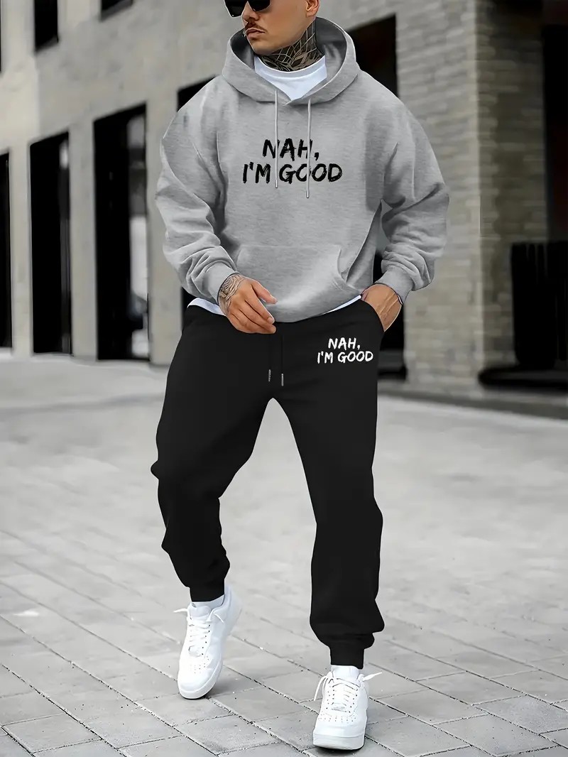 Street Fashion For Man - 2026秋冬新作 ストリートカジュアルファッション 快適なソフト素材 3Dレターパターンプリント メンズフード付きスウェットセット