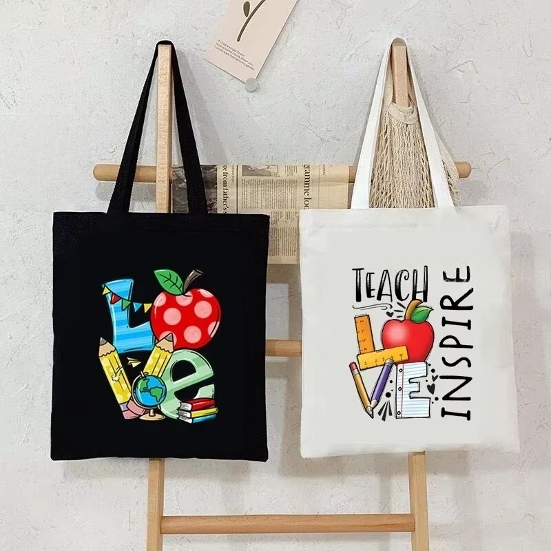 Tote Bag Canvas Print - 女性キャンバスショルダーバッグティーチラブインスパイアプリントアップルグラフィックハンドバッグレディースカジュアルトートバッグファッション教師ショッピングバッグ