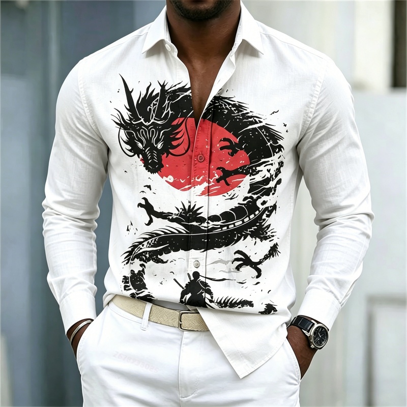 Street Fashion For Man - 2026年新作 メンズシャツ 白黒赤のコントラスト ドラゴン柄シャツ ストリートスタイル ファッション