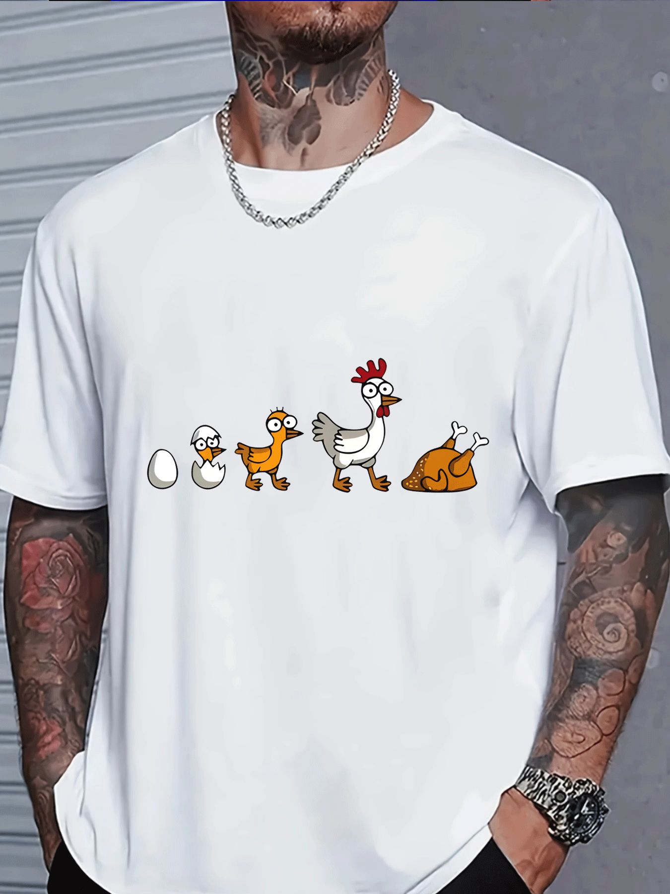 Street Fashion Evolution - メンズ ホワイト クルーネック Tシャツ チキン エボリューション