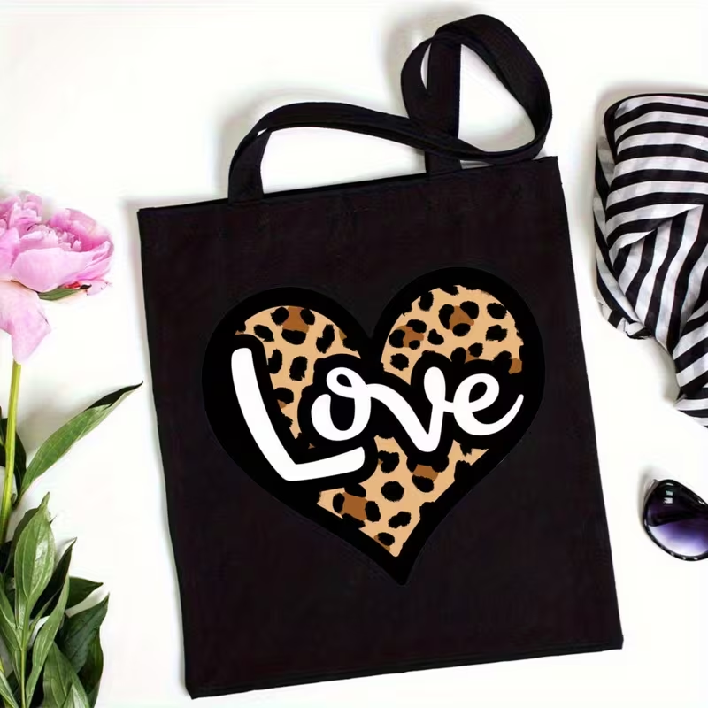 Tote Bag Canvas Print - ヒョウ柄ハートラブレターキャンバストートバッグトレンディな再利用可能なショルダーハンドバッグ十代の女の子のためのショッピング旅行学校休日