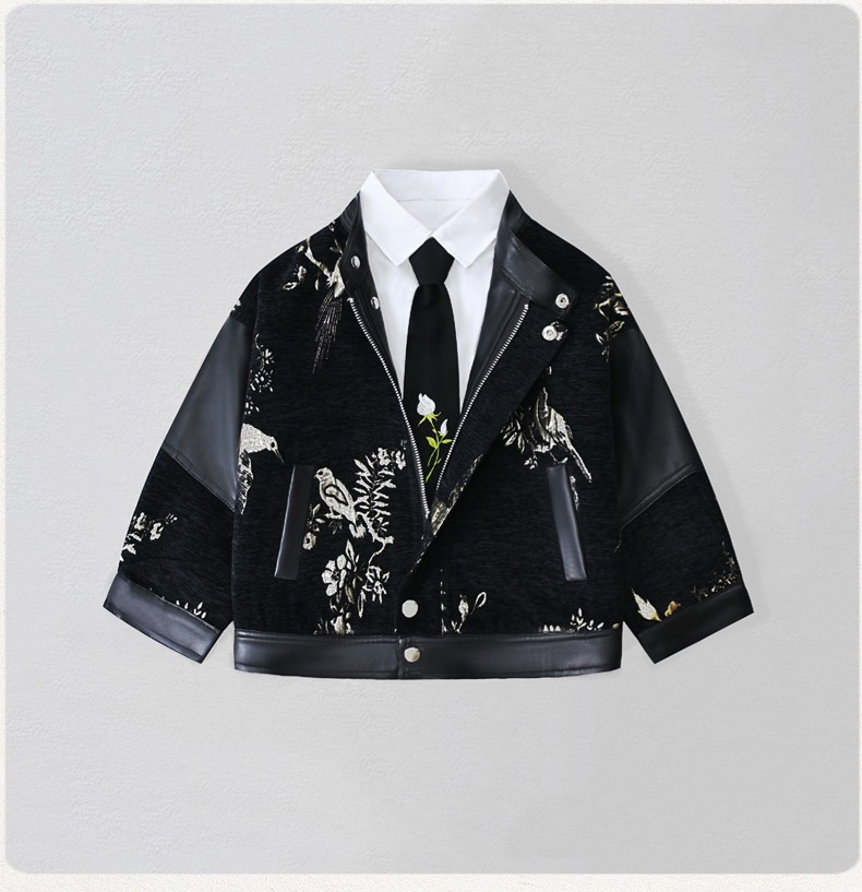 Street Fashion News - 紳士風キッズ刺繍入りバイク用PUレザージャケット 男の子用 防水防風コート キッズクリスマス 新年写真撮影用ウェア