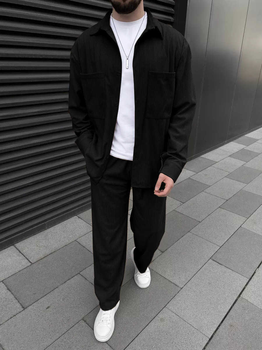 Street Fashion For Man - メンズコーデュロイツーピースセット：長袖ボタンダウンシャツとワイドレッグパンツのセット、ファッショナブルなカジュアルストリートスポーツウェア。