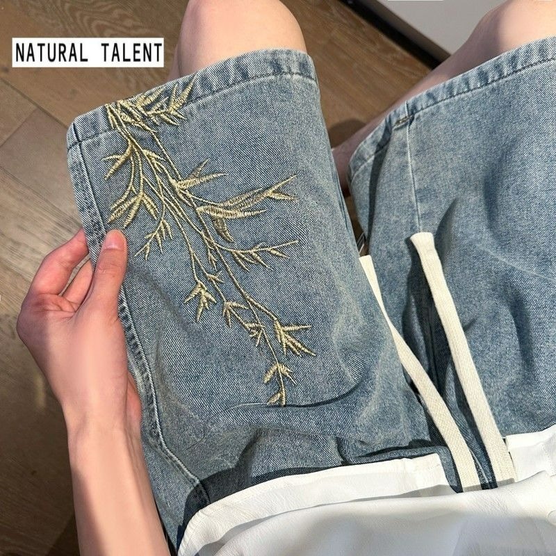 Street Fashion News - メンズ2026夏レトロウォッシュ加工ニューチャイニーズスタイル刺繍デニムショーツ薄手ルーズプラスサイズストリートウェア5ポケットカプリパンツ