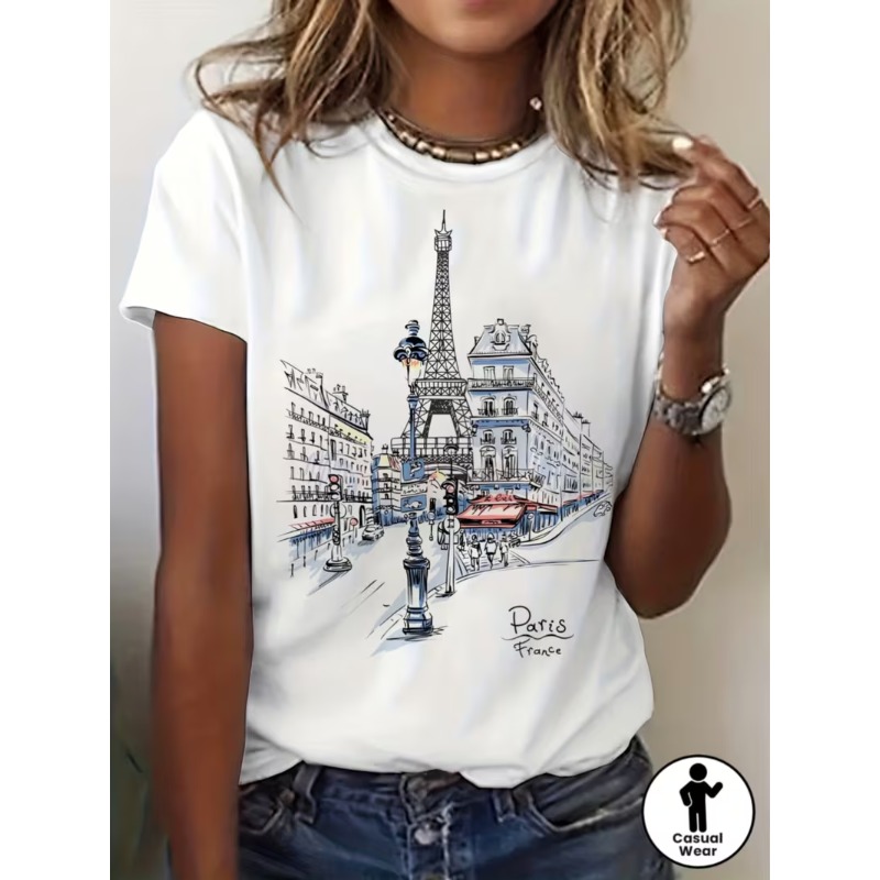 Street Fashion In Paris - パリ フランス エッフェル塔 スケッチ グラフィック Tシャツ