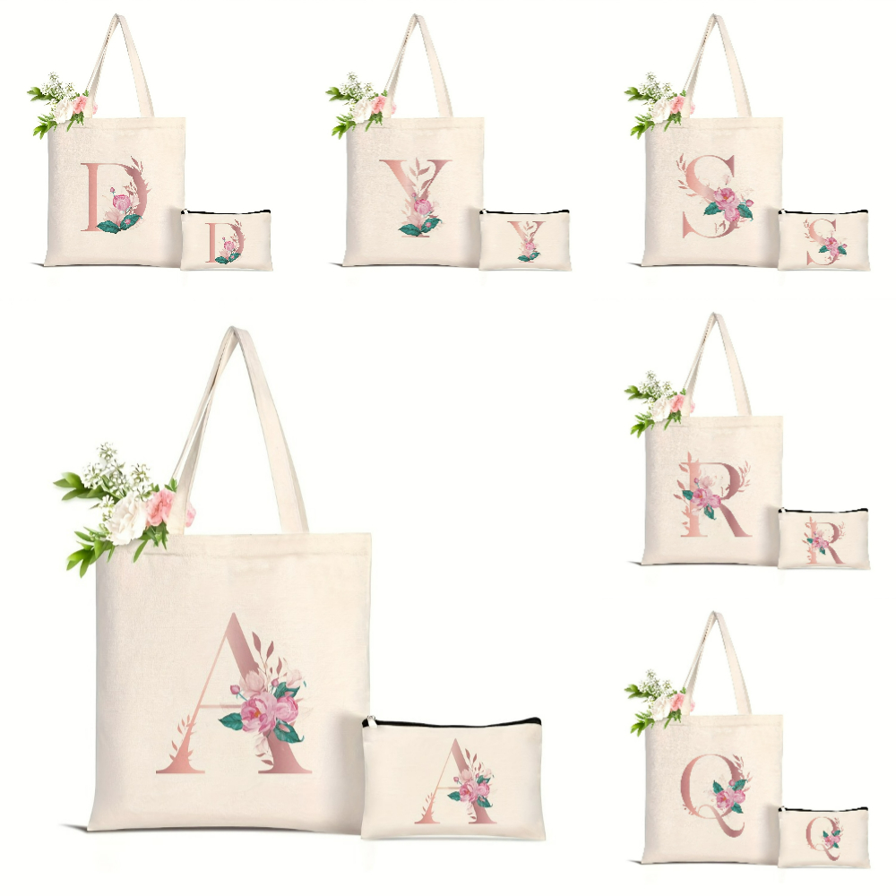 Tote Bag Canvas Print - 1個入り 花柄ラブレタープリント トートバッグ 大容量 レディース ショッピングバッグ