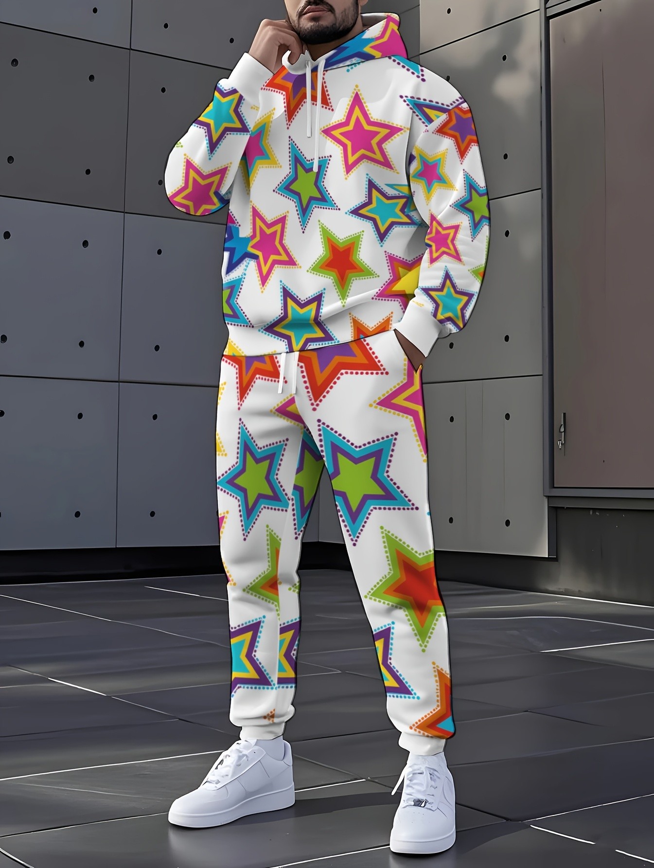 Street Fashion For Man - 2026年秋冬新作 ストリートカジュアル シンプルファッション 快適な3Dスターパターンプリント メンズフード付きスウェットセット