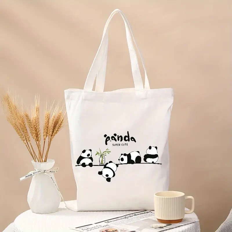 Tote Bag Canvas Print - かわいいパンダ柄キャンバストートバッグ カワイイアニマルエコフレンドリーな再利用可能なショルダーバッグ 女性学生向け 日常使いに