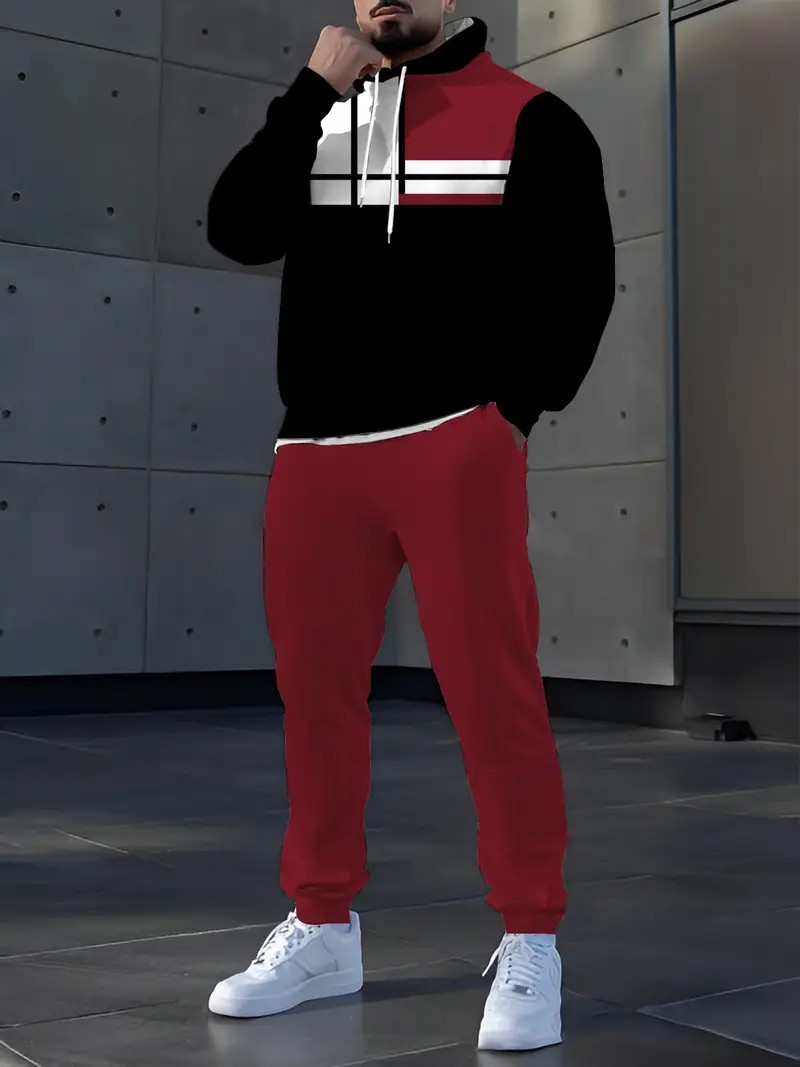 Street Fashion For Man - 2026年秋冬新作 ストリートシンプルカジュアルファッション 快適な3Dストライプ柄プリント メンズフード付きスウェットセット