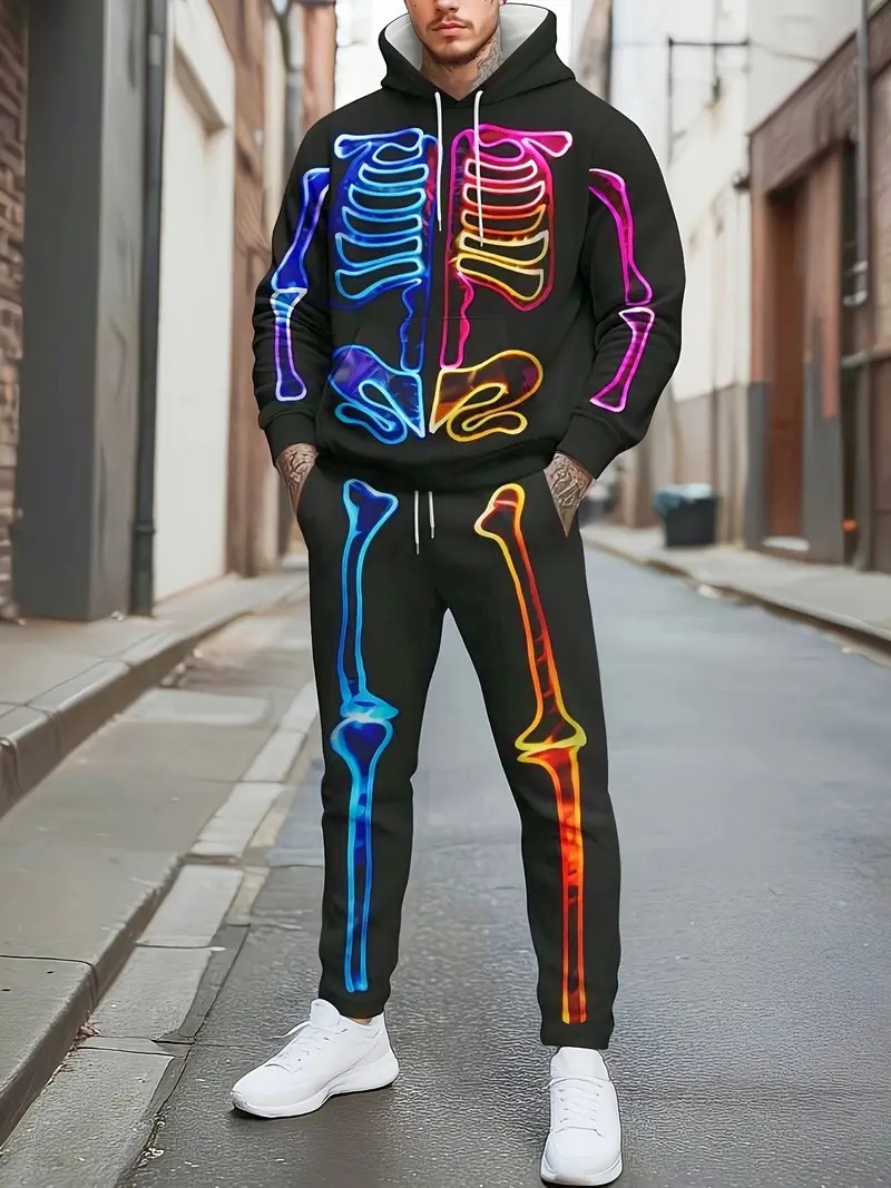 Street Fashion For Man - 2026年秋冬新作 ストリートシンプルカジュアルファッション 快適な3Dフレームワーク柄プリント メンズフード付きスウェットセット