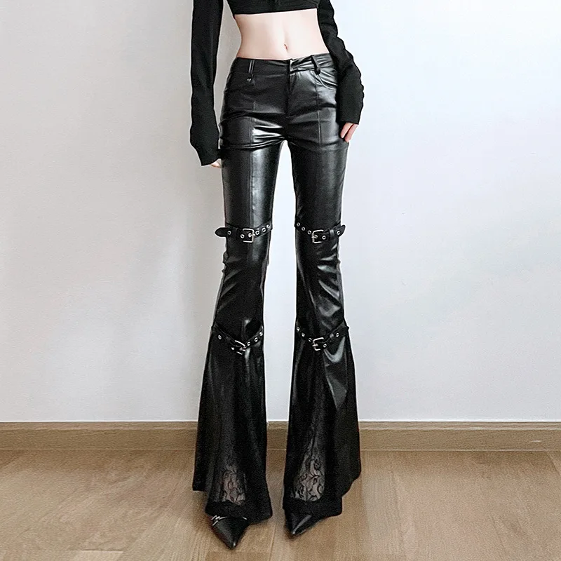 Street Fashion Vintage - レディース PU レザー フレア パンツ、ゴシック バックル、レース