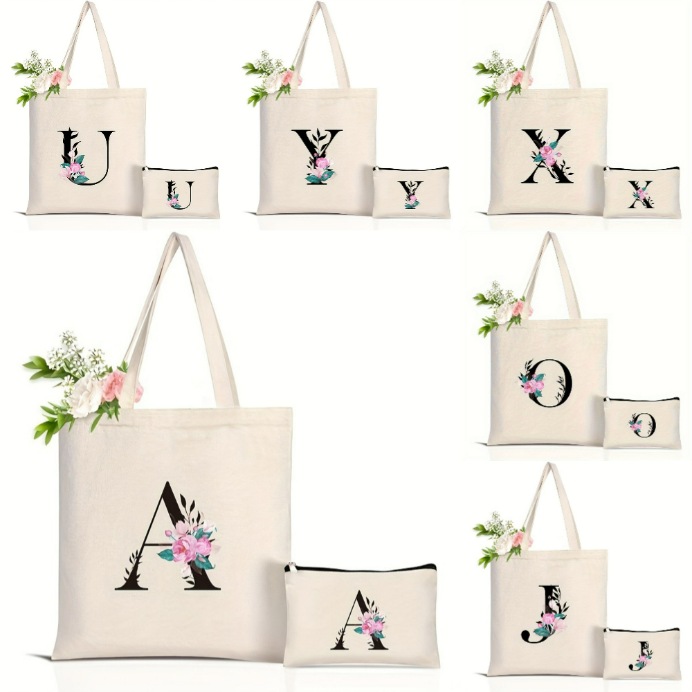 Tote Bag Canvas Print - エレガントな花柄アルファベットトートバッグ 再利用可能な環境に優しいショッピングバッグ 女性用 広々とした通勤用財布 日常使用 ハンドバッグ