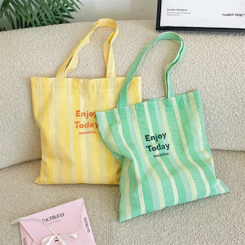 1pcs6552 レモンイエローのストライプキャンバストート - Tote Bag Canvas Print のレビューと価格