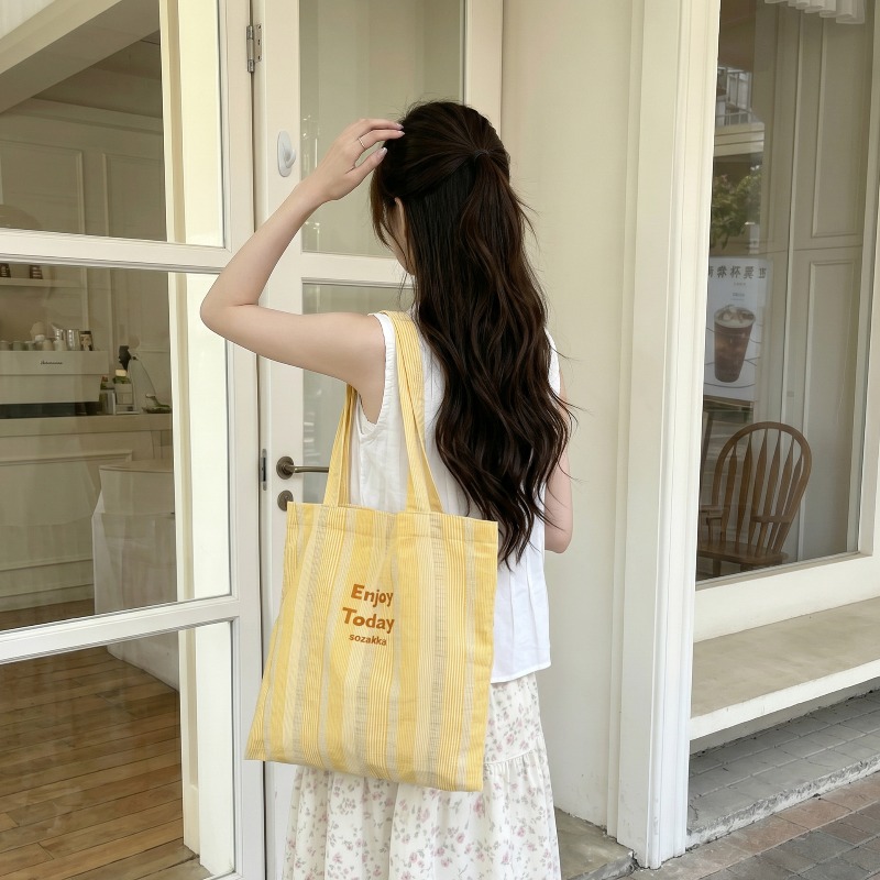 1pcs6552 レモンイエローのストライプキャンバストート - Tote Bag Canvas Print のレビューと価格