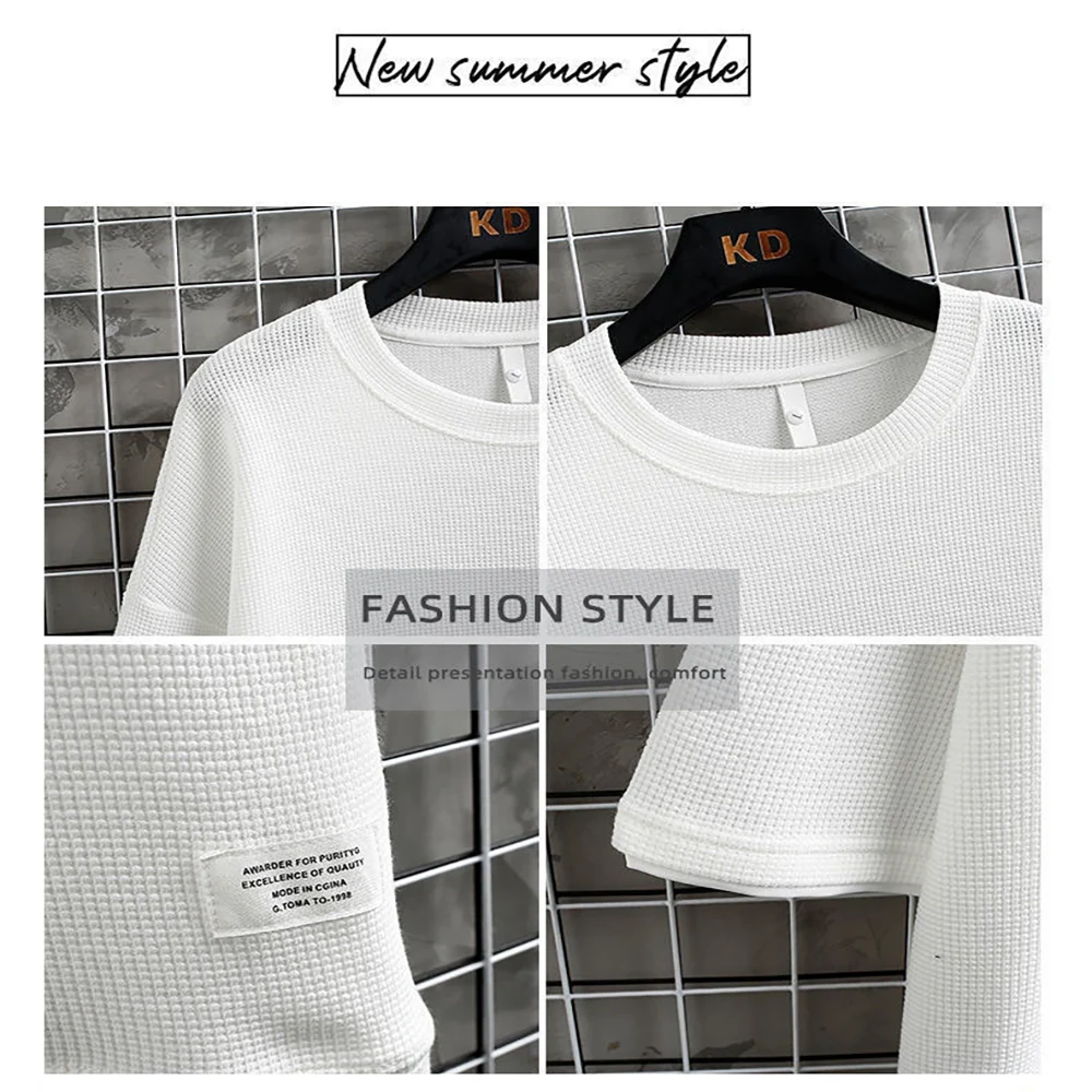 夏のメンズワッフルニットトラックスーツ、オーバーサイズ半袖T - Street Fashion Mood のレビューと価格