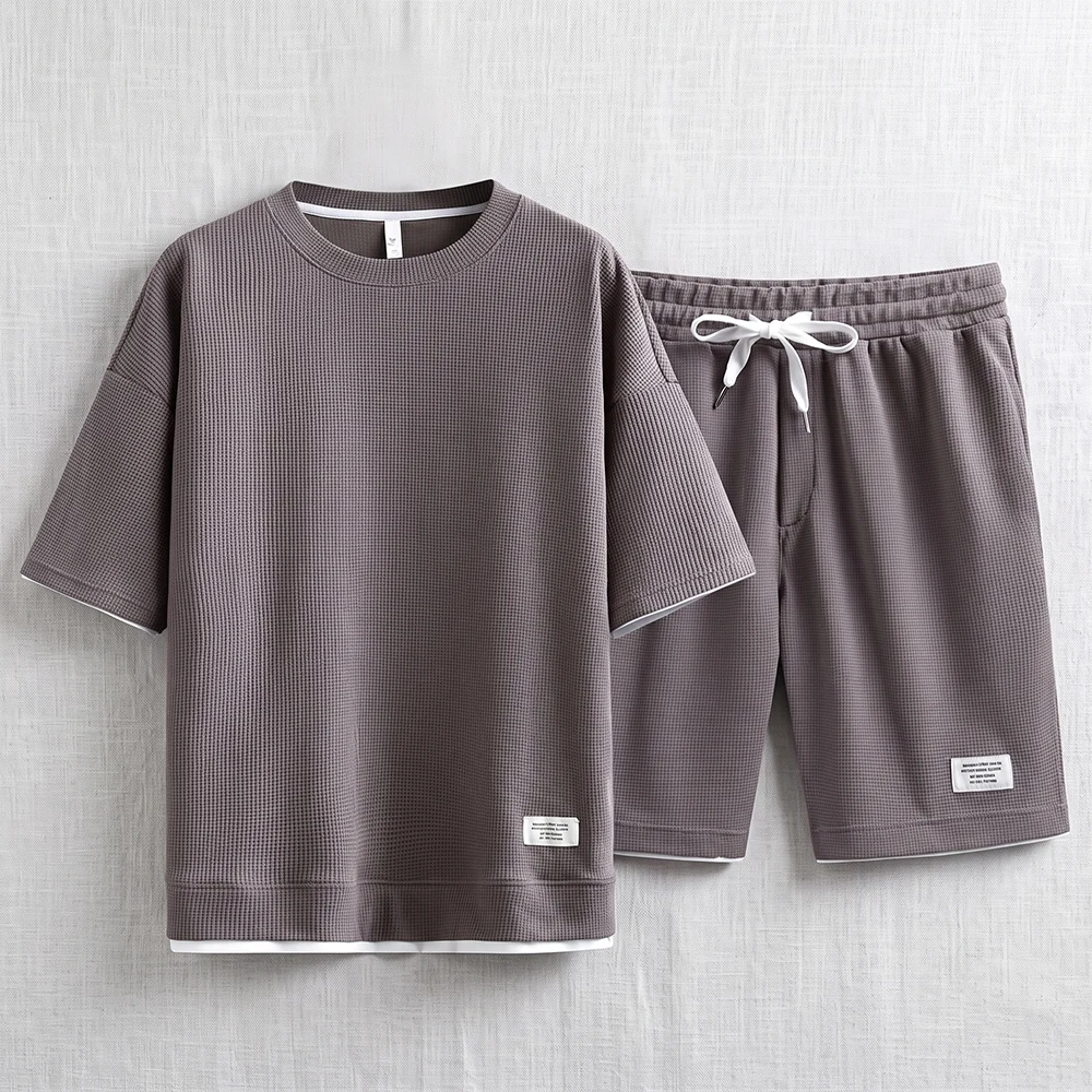 夏のメンズワッフルニットトラックスーツ、オーバーサイズ半袖T - Street Fashion Mood のレビューと価格