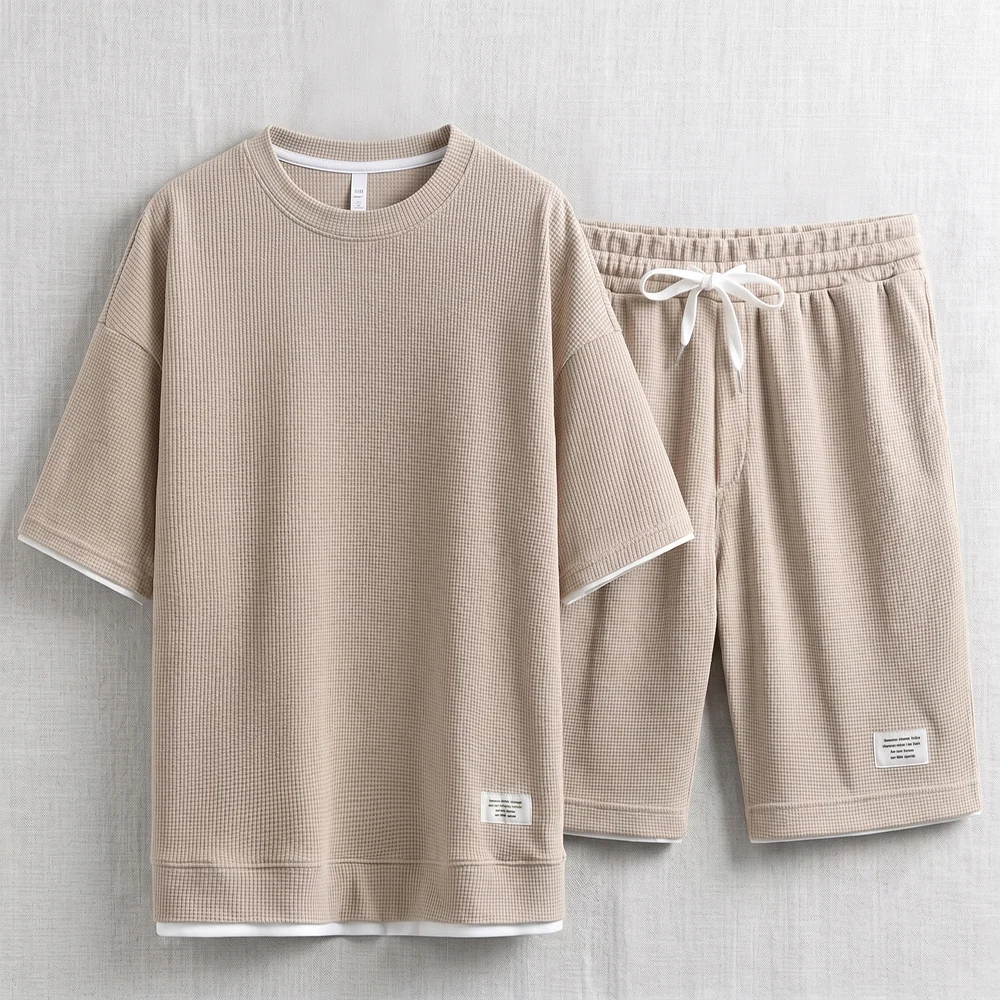 夏のメンズワッフルニットトラックスーツ、オーバーサイズ半袖T - Street Fashion Mood のレビューと価格