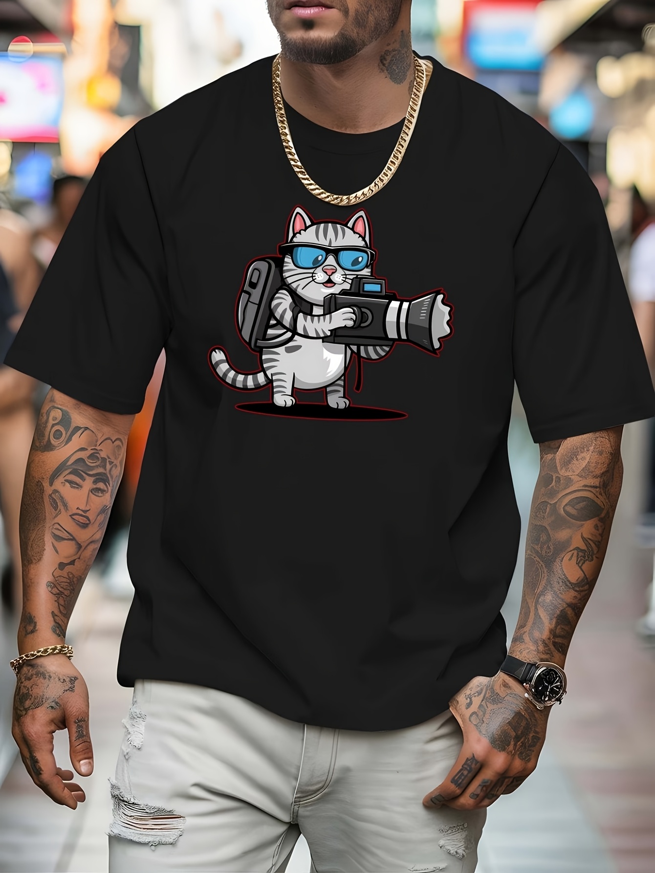 ホワイトメンズ Tシャツ写真家猫漫画プリントクルーネックコッ - Street Fashion Photographers のレビューと価格
