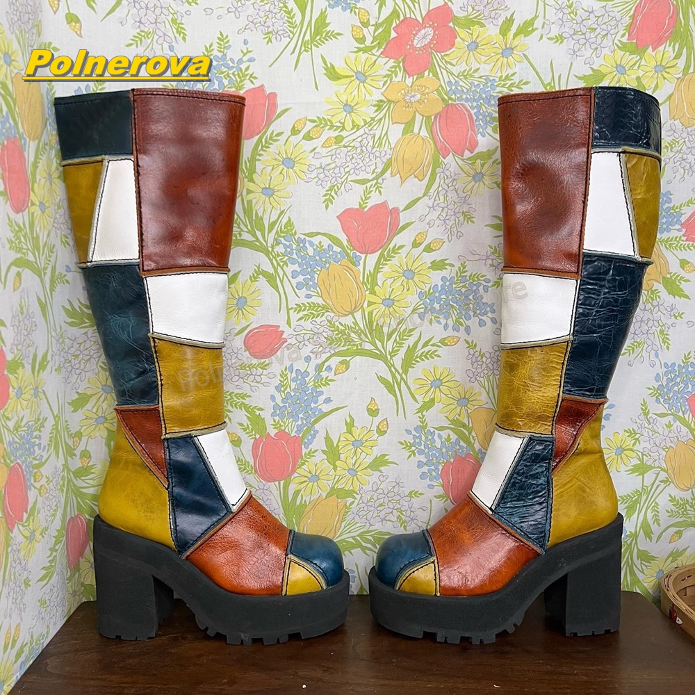 女性レトロパッチワークレザーニーハイブーツカラーブロックチャ - Street Fashion Vintage のレビューと価格