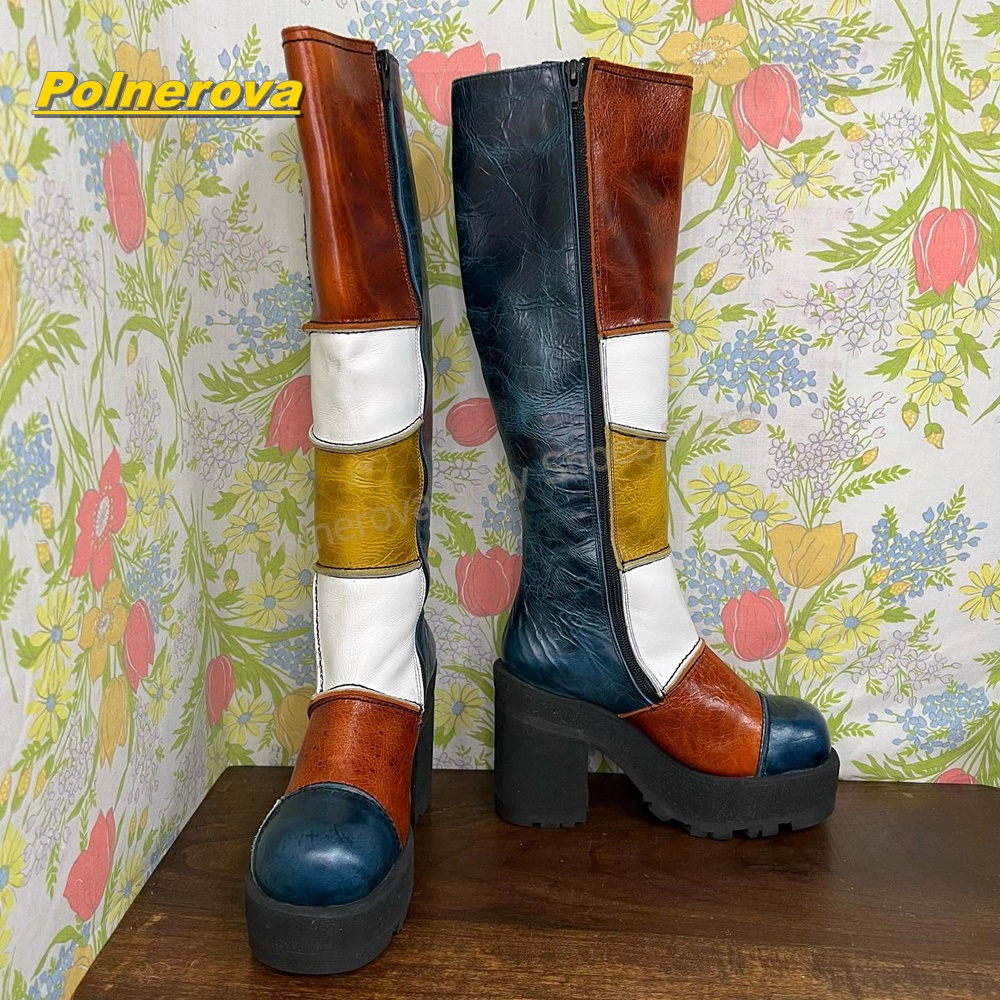 女性レトロパッチワークレザーニーハイブーツカラーブロックチャ - Street Fashion Vintage のレビューと価格