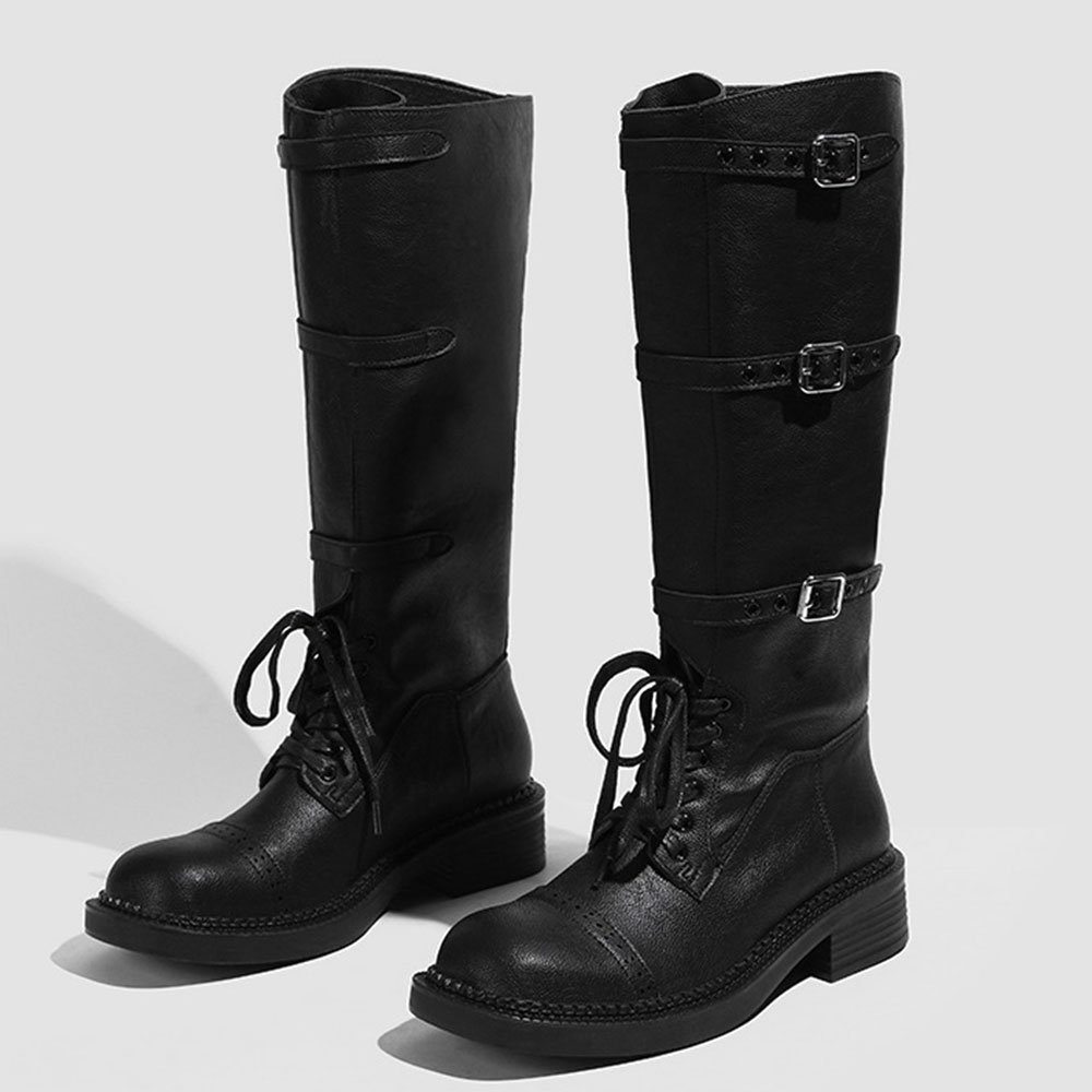 女性のニーハイブーツヴィンテージベルトバックルデザイン女性の - Street Fashion Vintage のレビューと価格