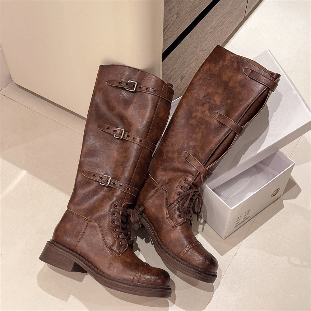 女性のニーハイブーツヴィンテージベルトバックルデザイン女性の - Street Fashion Vintage のレビューと価格