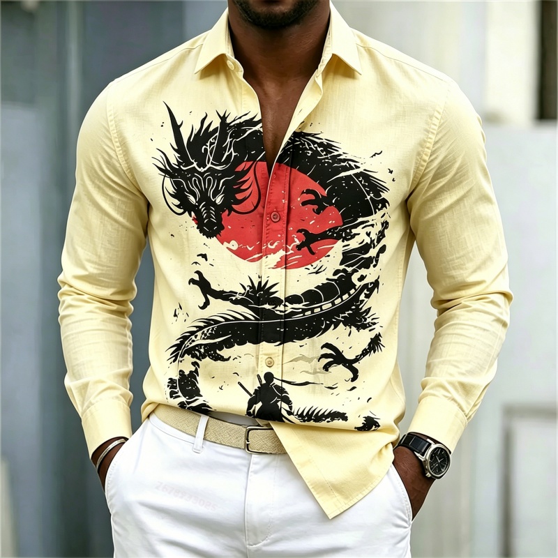 2026年新作 メンズシャツ 白黒赤のコントラスト ドラゴン - Street Fashion For Man のレビューと価格