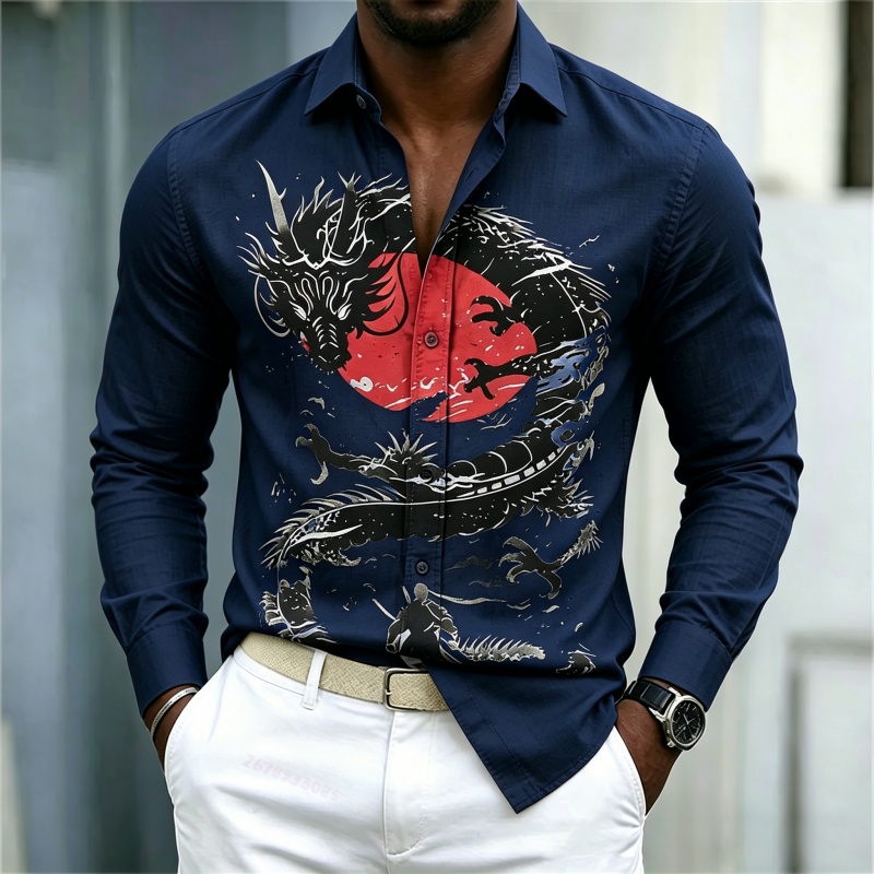 2026年新作 メンズシャツ 白黒赤のコントラスト ドラゴン - Street Fashion For Man のレビューと価格