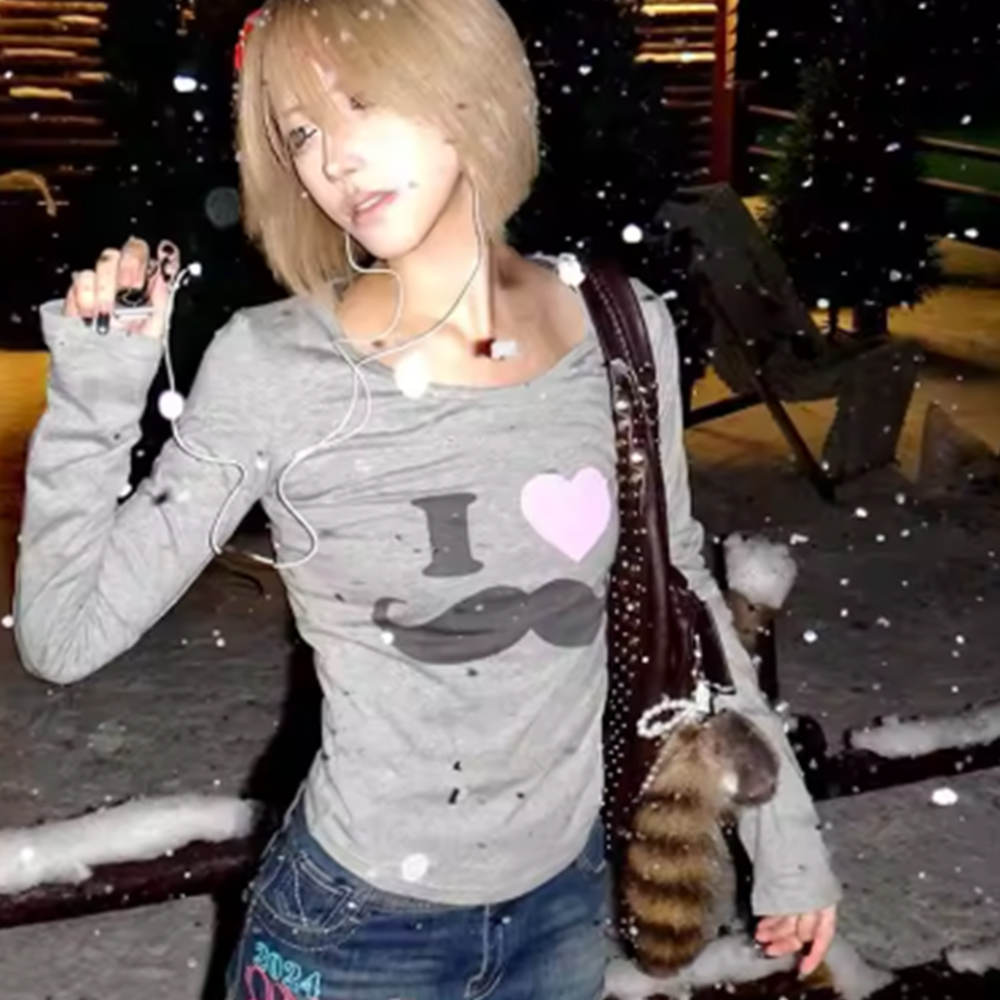 日本 Y2K ビアードプリント Tシャツ ヴィンテージ原宿長 - Street Fashion Mood のレビューと価格