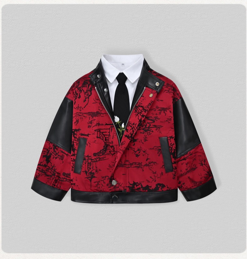 紳士風キッズ刺繍入りバイク用PUレザージャケット 男の子用  - Street Fashion News のレビューと価格