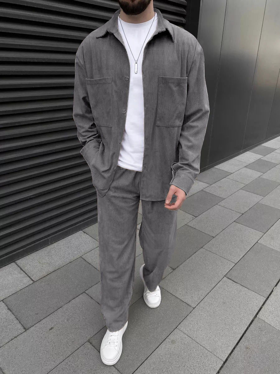 メンズコーデュロイツーピースセット：長袖ボタンダウンシャツと - Street Fashion For Man のレビューと価格