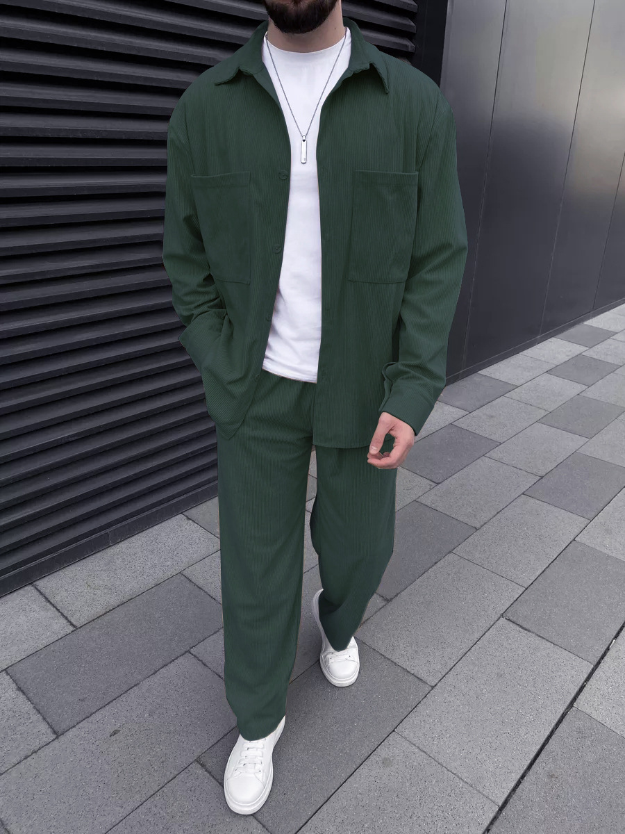 メンズコーデュロイツーピースセット：長袖ボタンダウンシャツと - Street Fashion For Man のレビューと価格