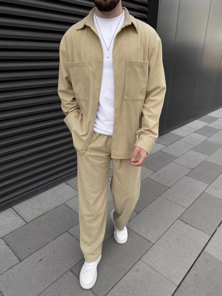 メンズコーデュロイツーピースセット：長袖ボタンダウンシャツと - Street Fashion For Man のレビューと価格