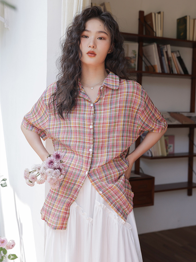 夏の新しい女性のターンダウン襟コットンシャツ半袖ヴィンテージ - Street Fashion Vintage のレビューと価格