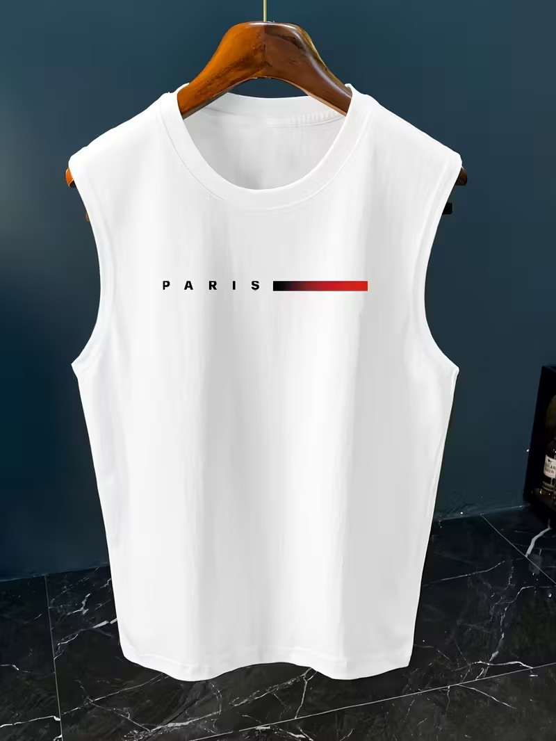 メンズミニマリストパリレタープリントノースリーブタンクトップ - Street Fashion In Paris のレビューと価格