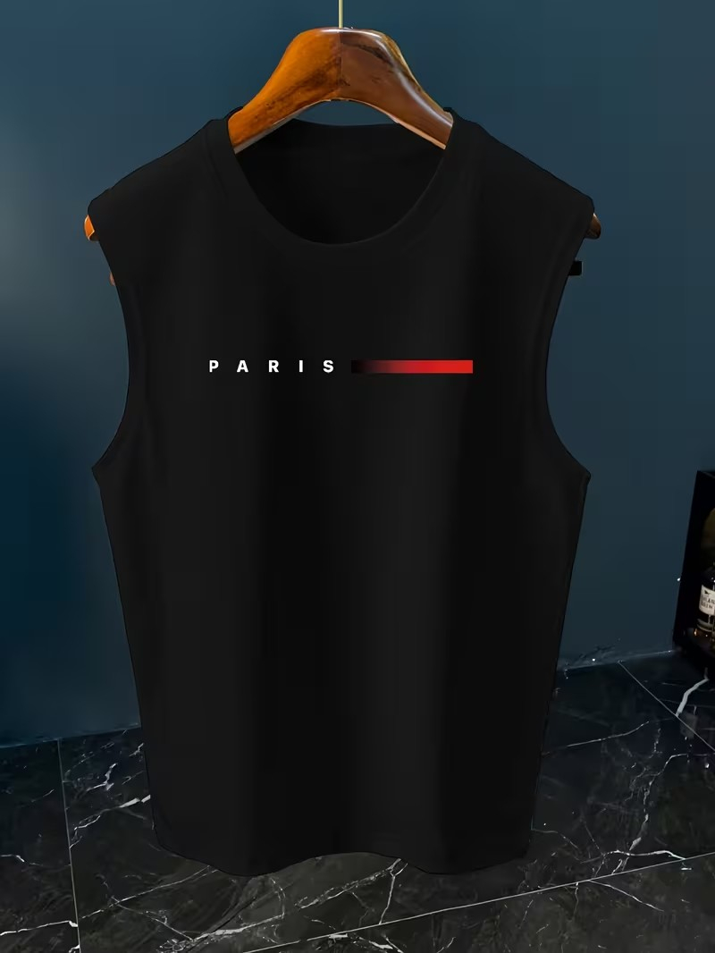 メンズミニマリストパリレタープリントノースリーブタンクトップ - Street Fashion In Paris のレビューと価格