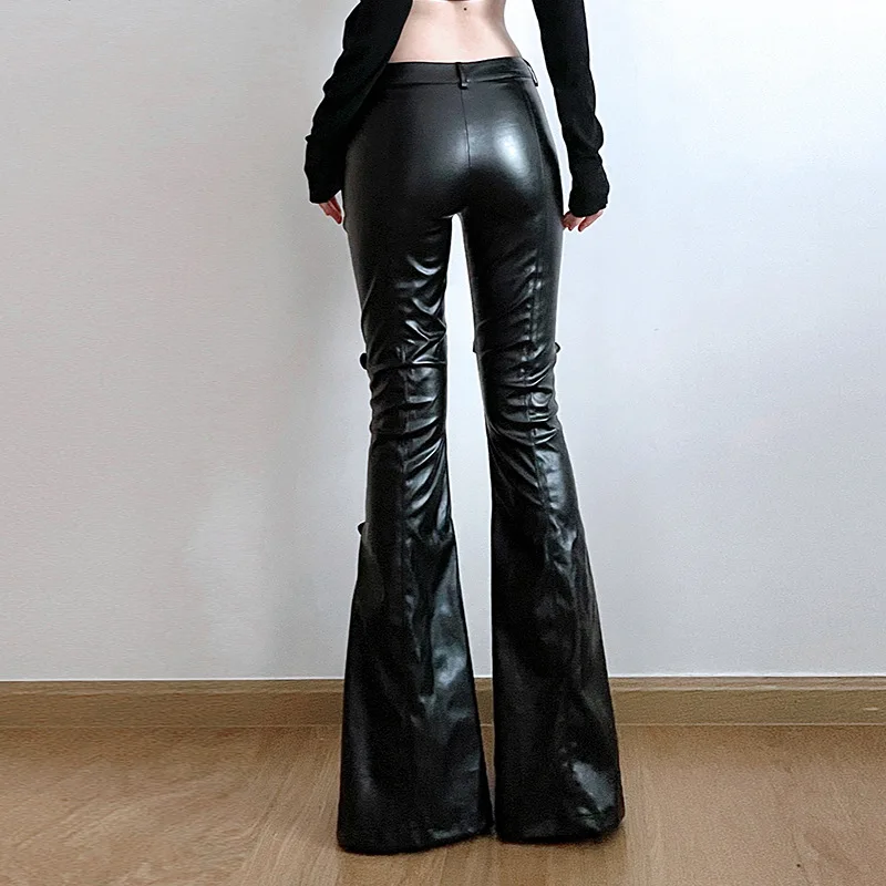 レディース PU レザー フレア パンツ、ゴシック バックル - Street Fashion Vintage のレビューと価格
