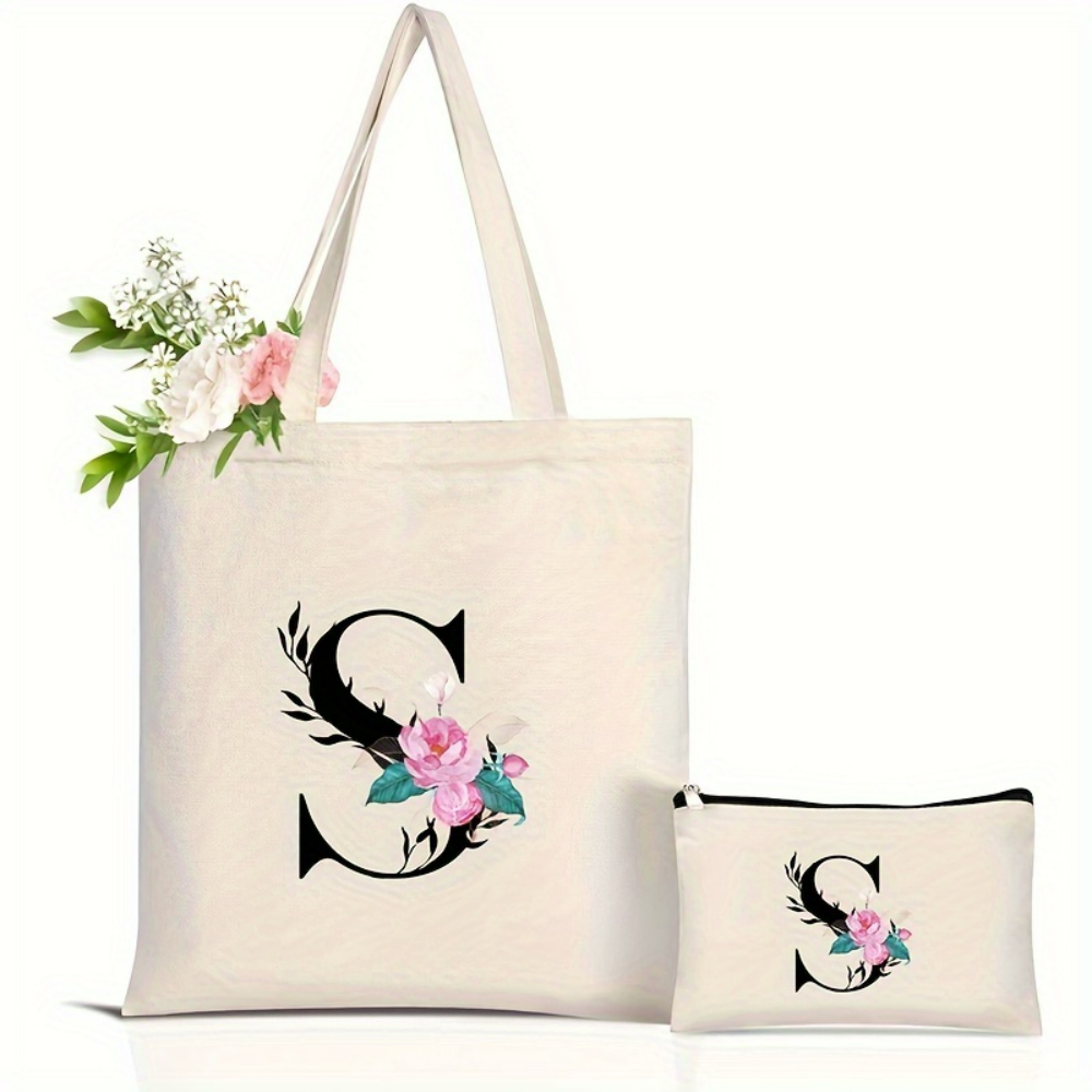 エレガントな花柄アルファベットトートバッグ 再利用可能な環境 - Tote Bag Canvas Print のレビューと価格
