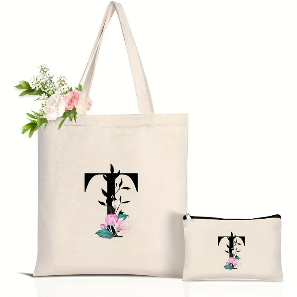 エレガントな花柄アルファベットトートバッグ 再利用可能な環境 - Tote Bag Canvas Print のレビューと価格